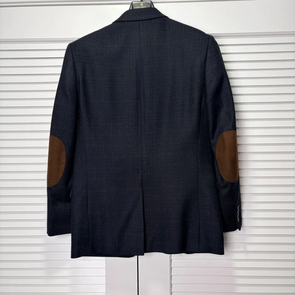 Lauren Ralph Lauren Mens Plaid Blazer Navy Blue Elbow Patches Sport Coat